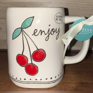Super Cute Rae Dunn “Enjoy” Red Cherries🍒 With Green Leaves 🍃Painted by Hand Mug